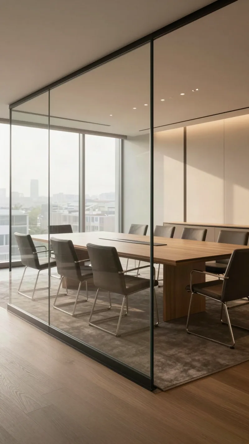 Glass-walled meeting room with a conference table and city view