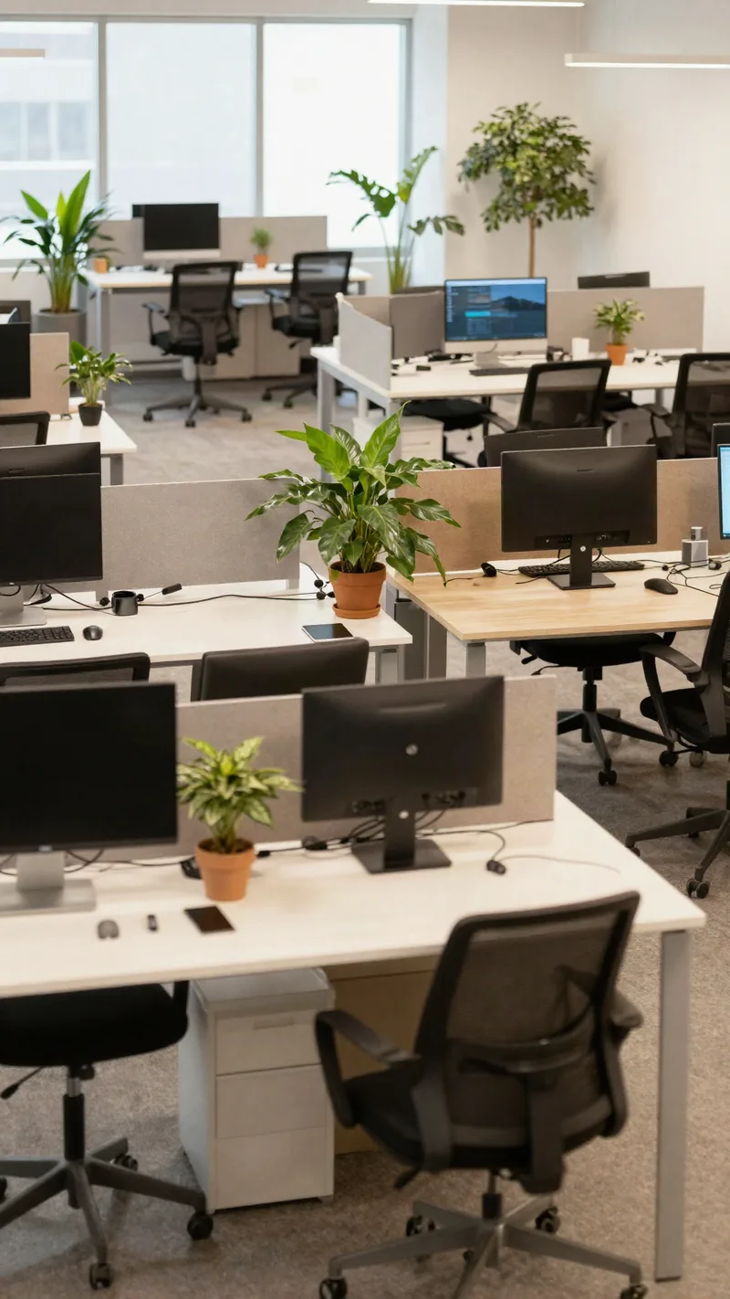Open-plan NetAesthetics workspace with desks, monitors and natural light