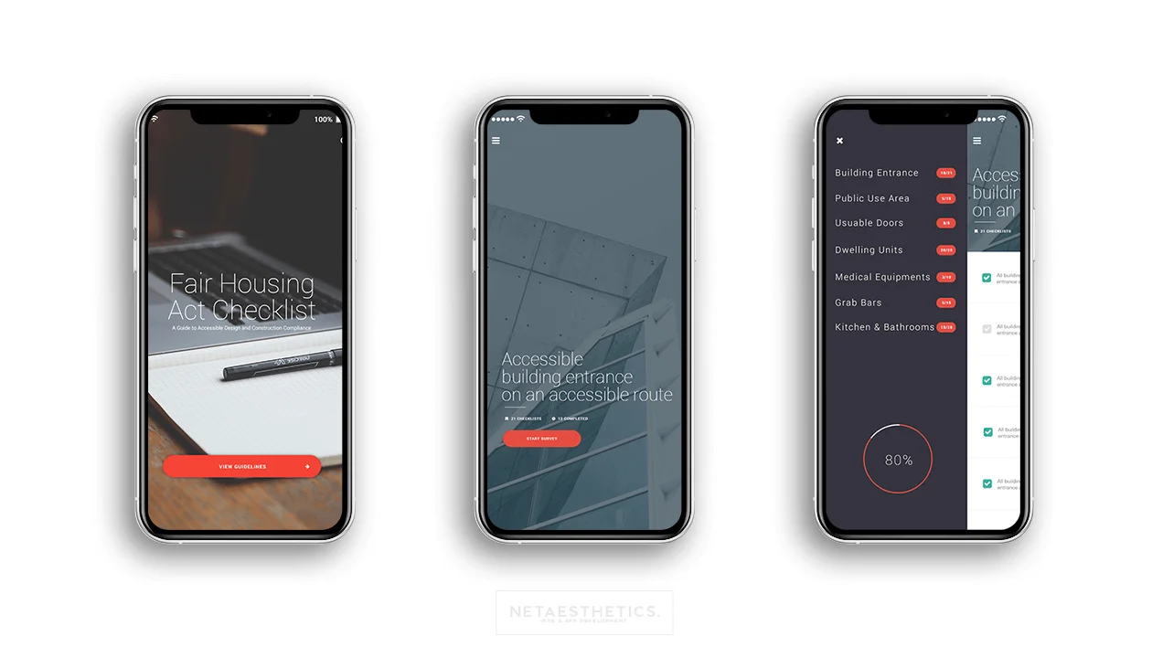 Fair Housing mobile app — iOS and Android screens showing 7 accessibility requirements and multi-project dashboard