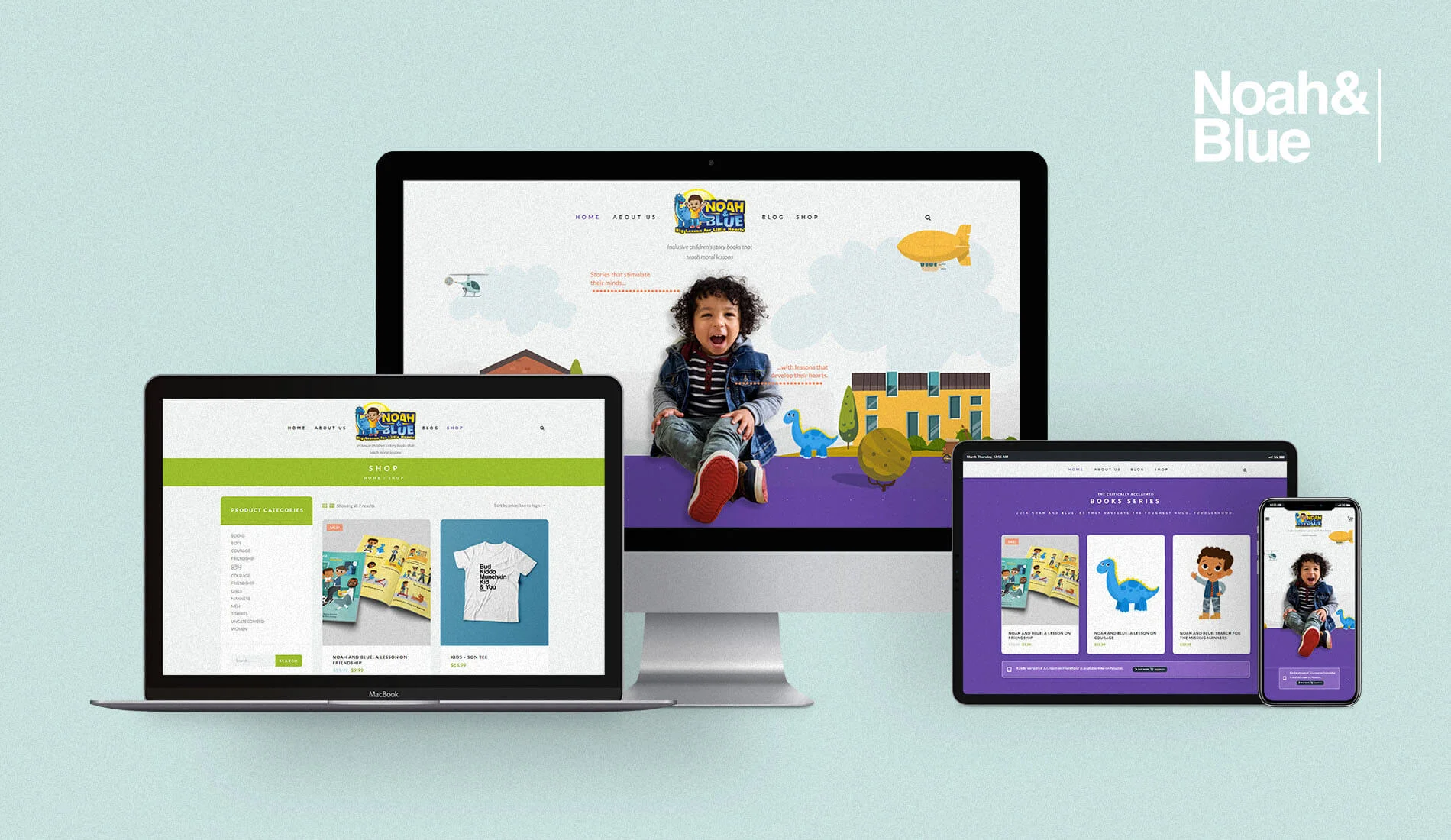 Noah and Blue website device mockups