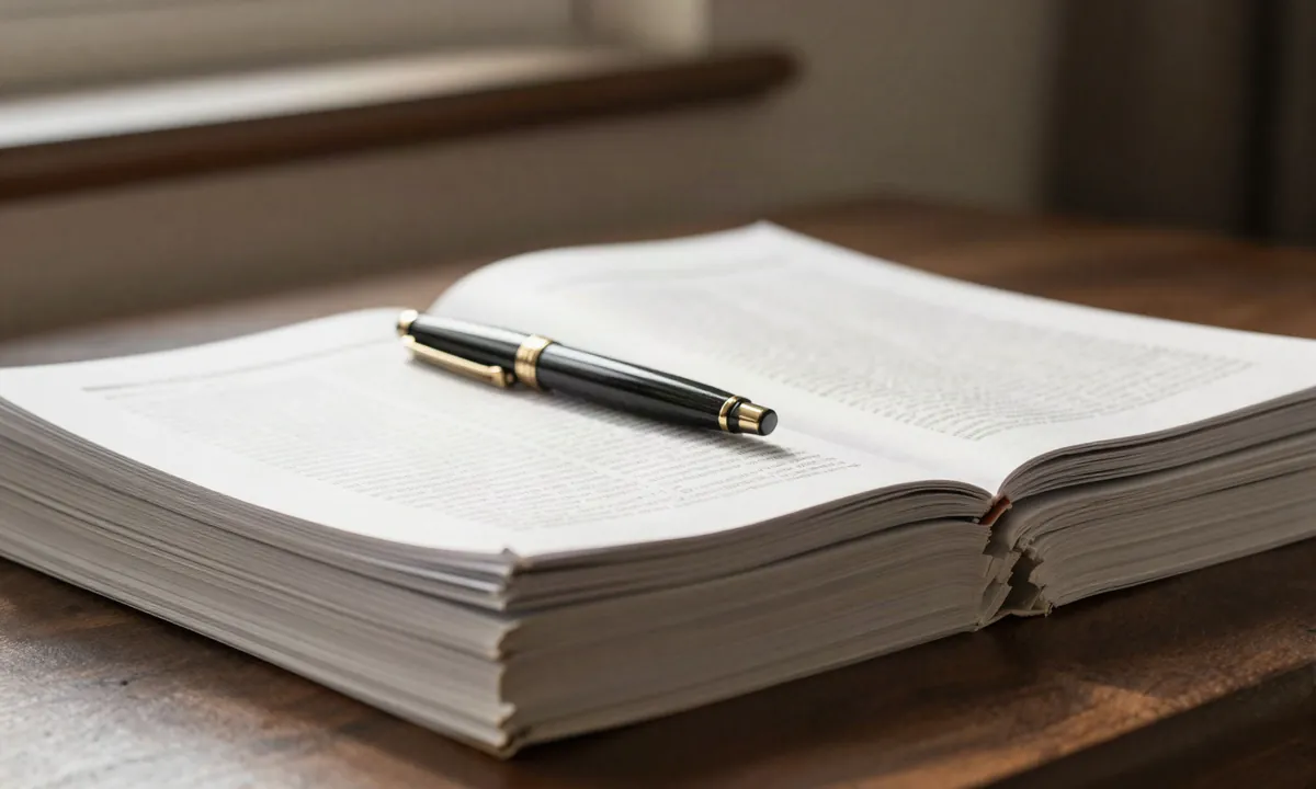 Open business journal and a fountain pen on a walnut desk