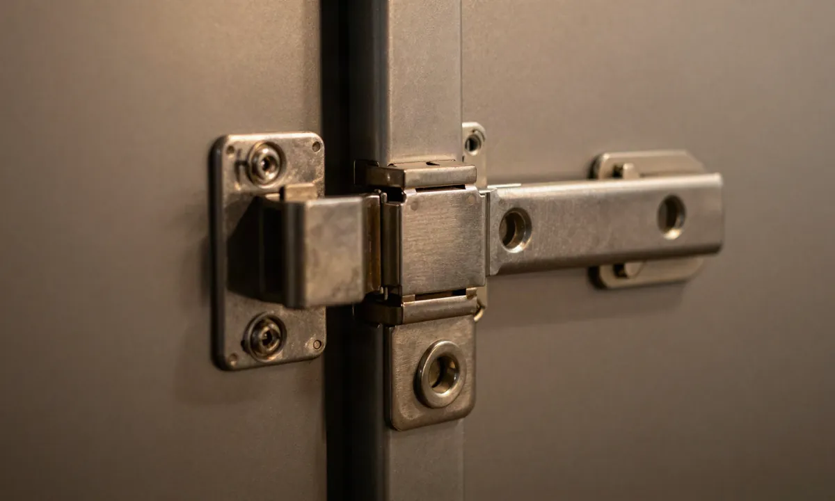 Close-up of a brushed steel vault locking mechanism