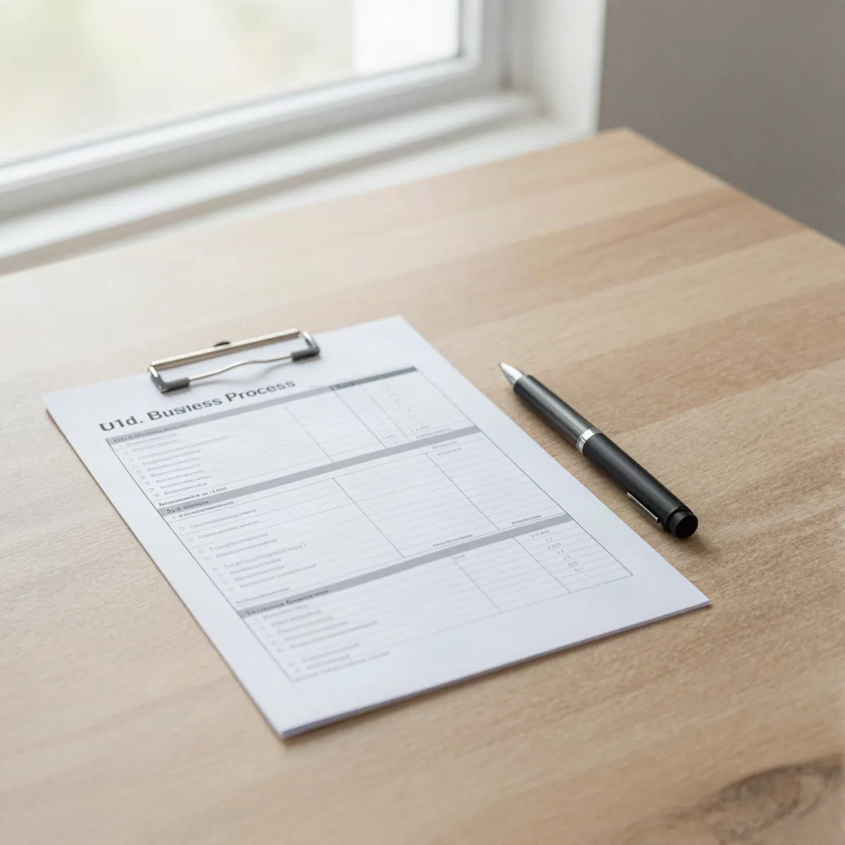 A printed business process audit report on a desk with a pen alongside