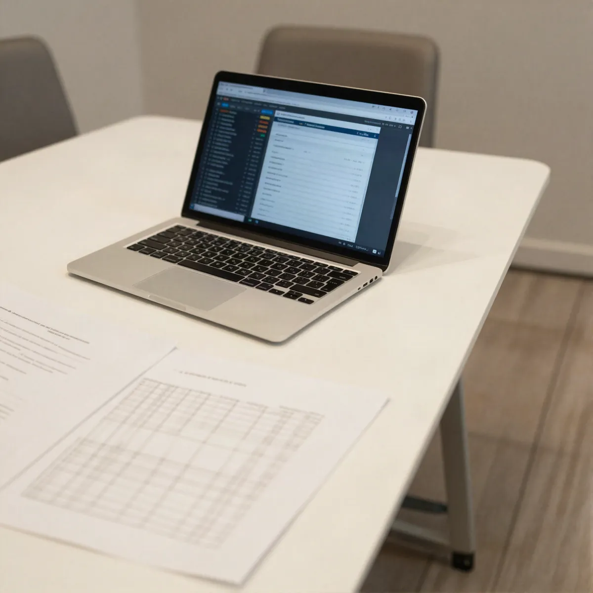 Assessment documents and a laptop showing a data dashboard on a boardroom table