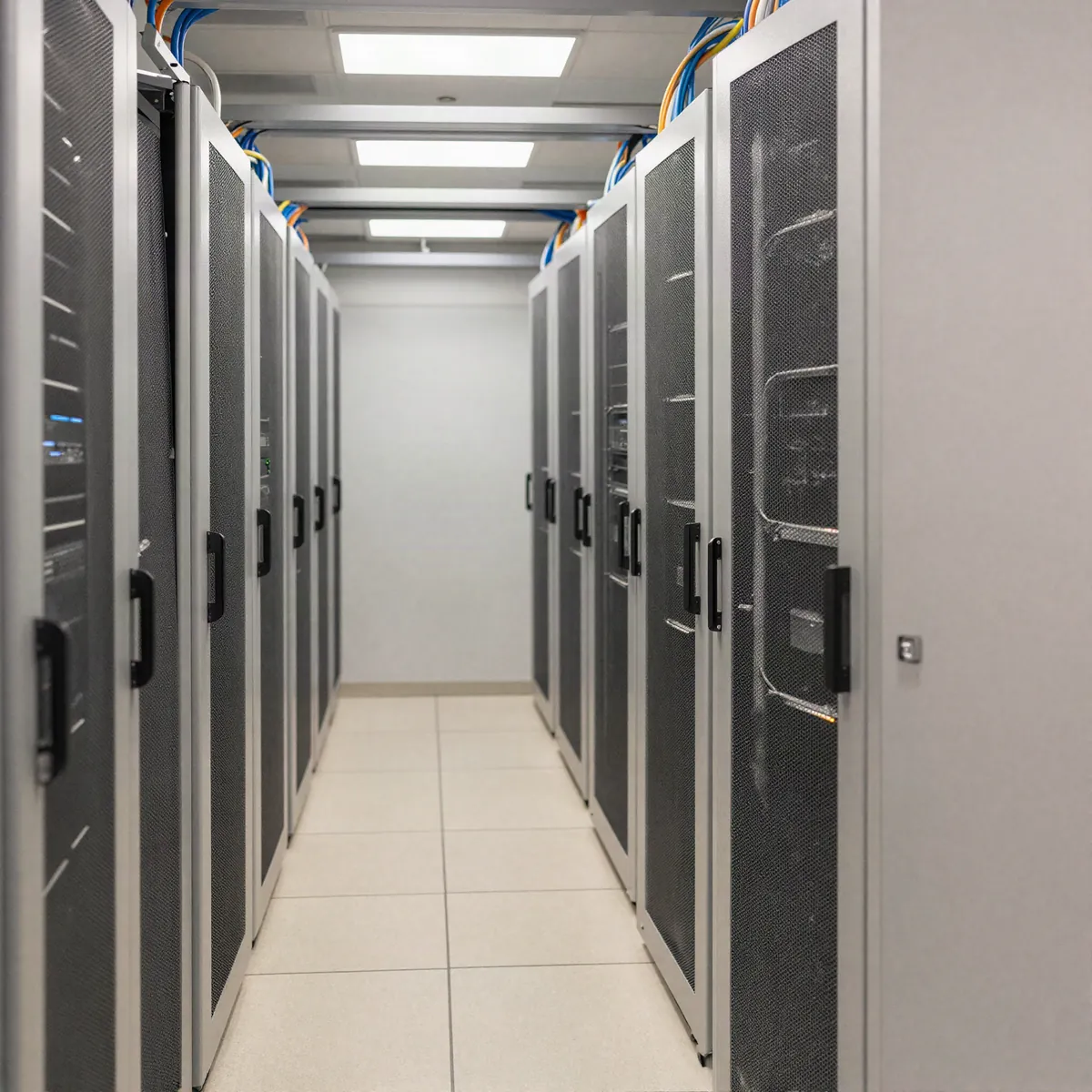 A server room aisle with racked equipment and managed cabling