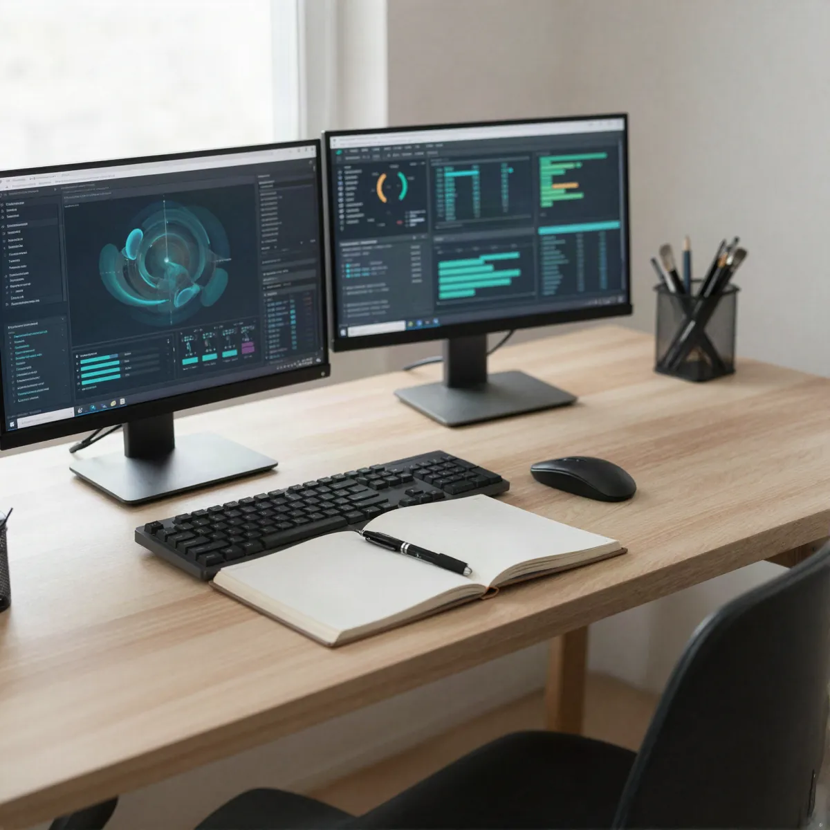 An engineering workspace with monitors, a keyboard and an open notebook