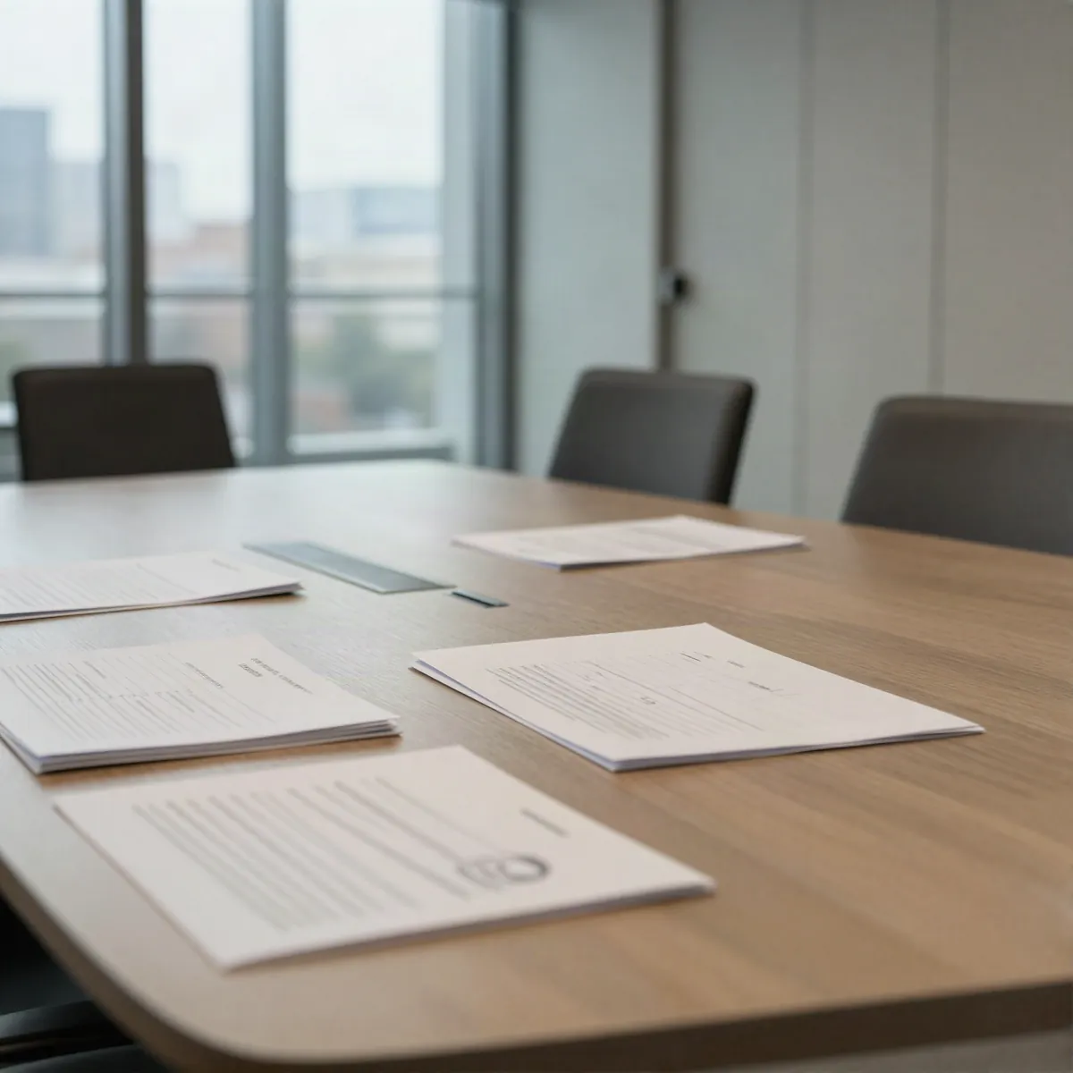 An empty consulting meeting room with planning documents on the table
