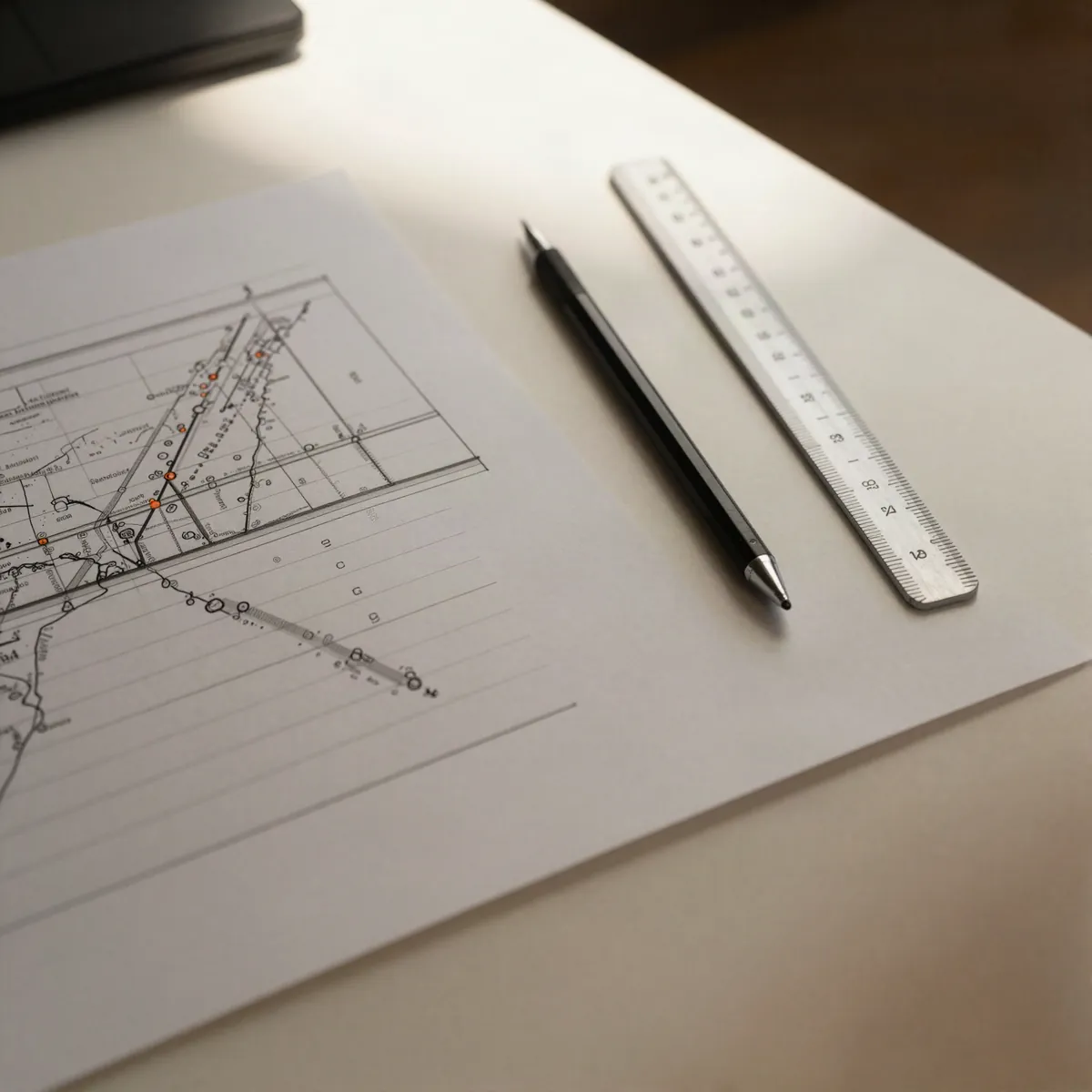 A printed strategic roadmap and timeline chart on a drafting desk