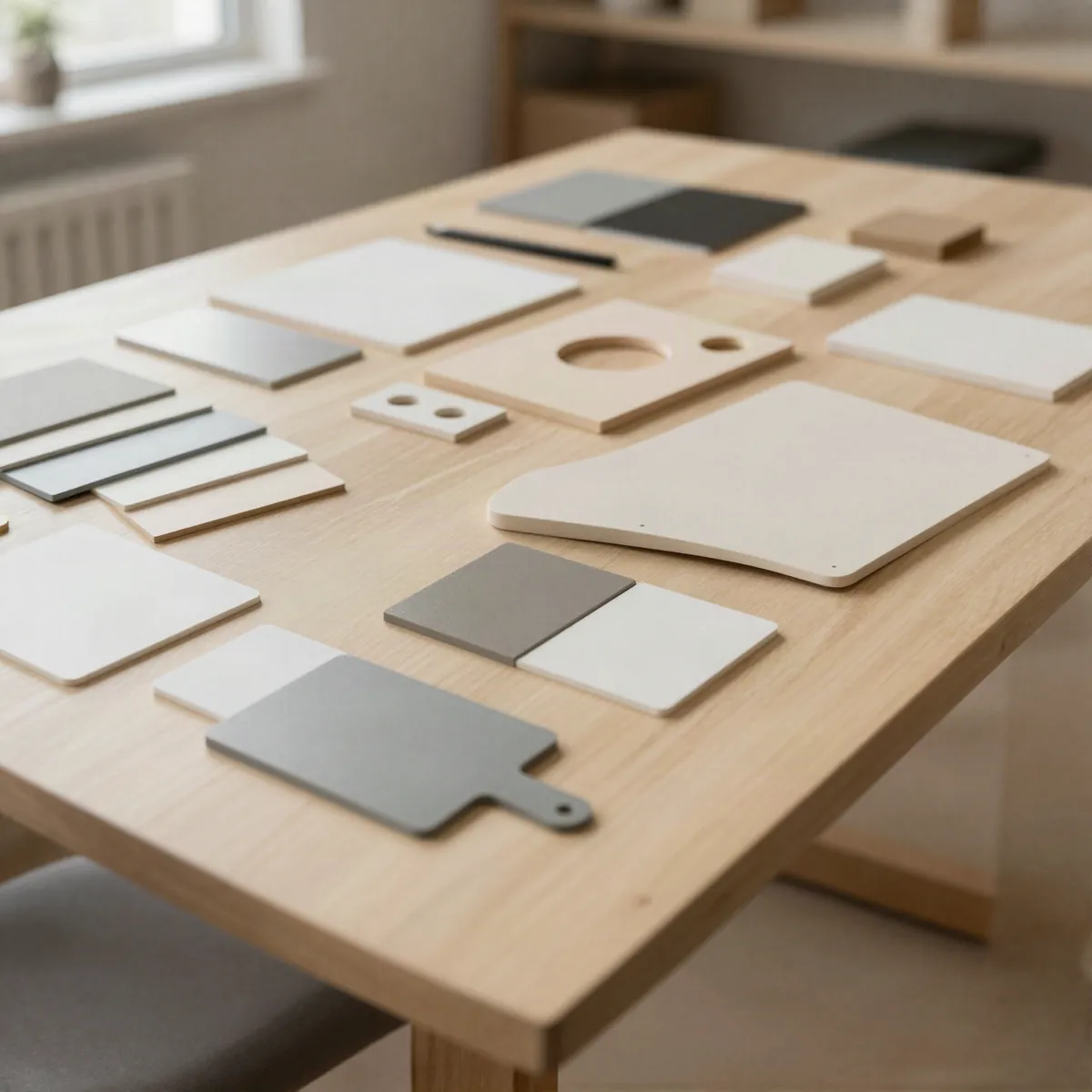 Material samples and prototype parts laid out on a design studio table