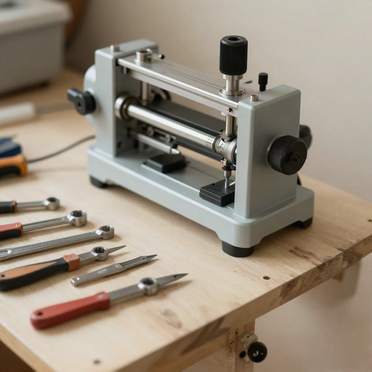 A precision instrument partly disassembled on an engineering workbench